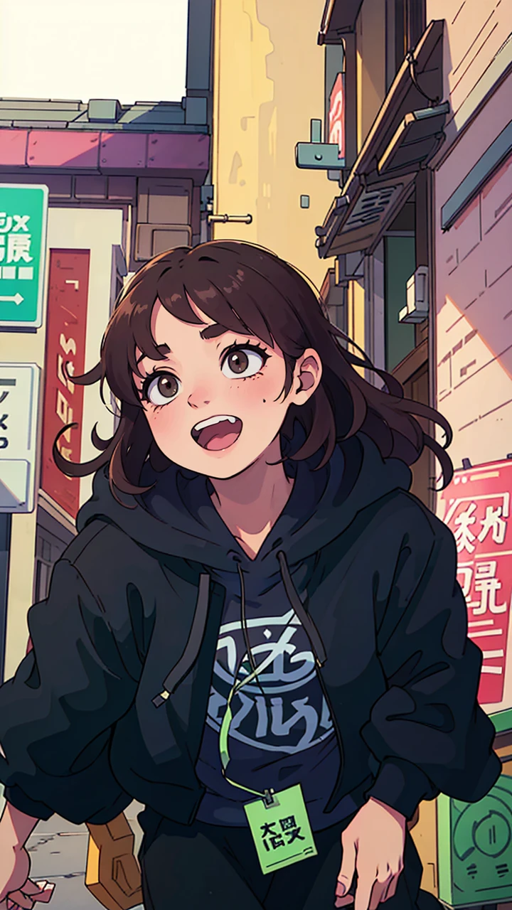 (best quality:0.8) perfect anime illustration, a pretty, happy woman with short curly brown hair on the street in the city, wearing a hoodie, skirt