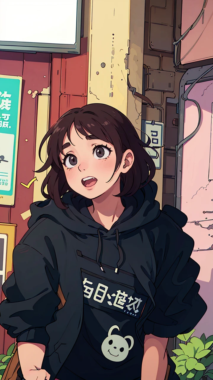 (best quality:0.8) perfect anime illustration, a pretty, happy woman with short curly brown hair on the street in the city, wearing a hoodie, skirt