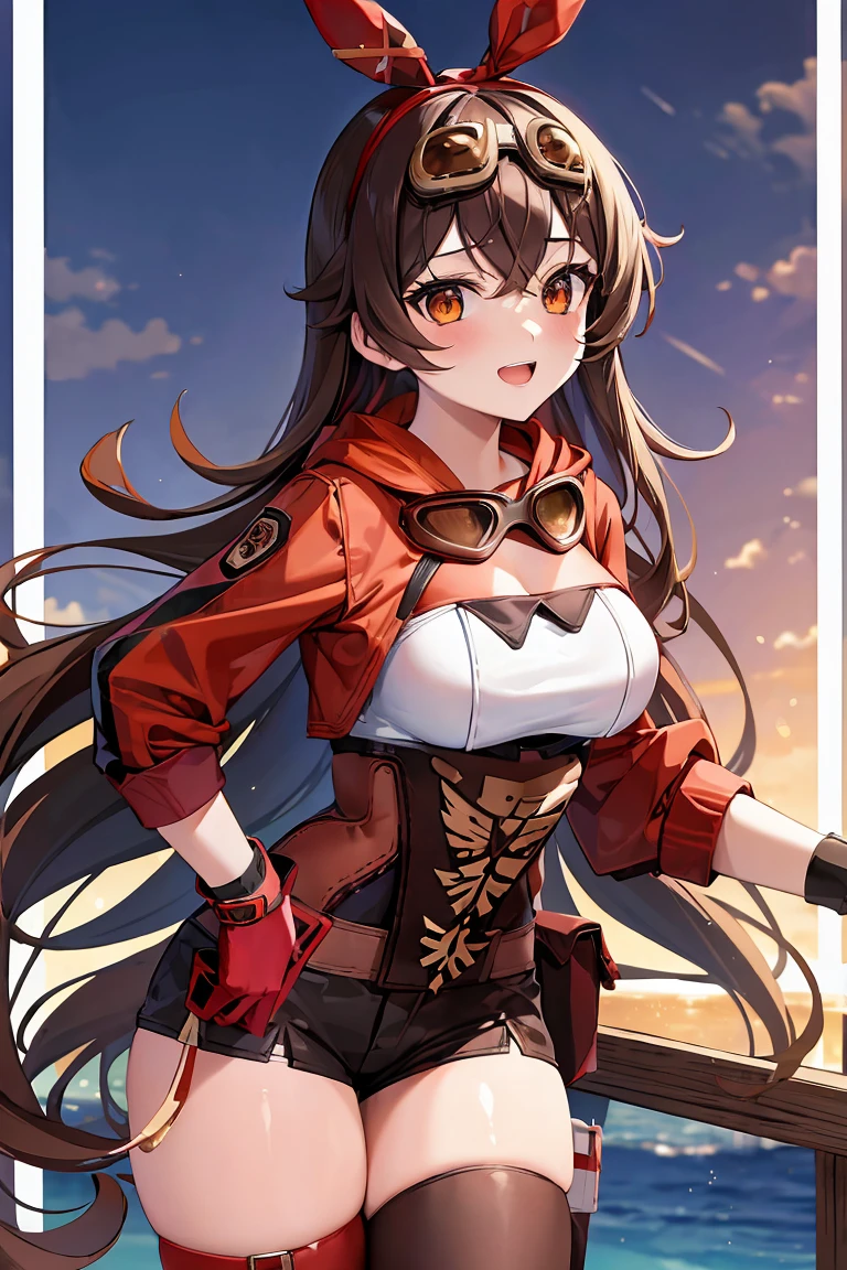 (masterpiece, best quality:1.2),1girl,beautiful purple sunset at beach,feet,contraposto,laugh,teeth,long_hair,breasts,smile,bangs,brown_hair,thighhighs,gloves,long_sleeves,ribbon,cleavage,hair_between_eyes,medium_breasts,jacket,hair_ribbon,thighs,shorts,belt,red_ribbon,orange_eyes,short_shorts,goggles,red_jacket,red_gloves,goggles_on_head,pouch,crossed_bangs,shrug_(clothing),red_thighhighs,brown_shorts,