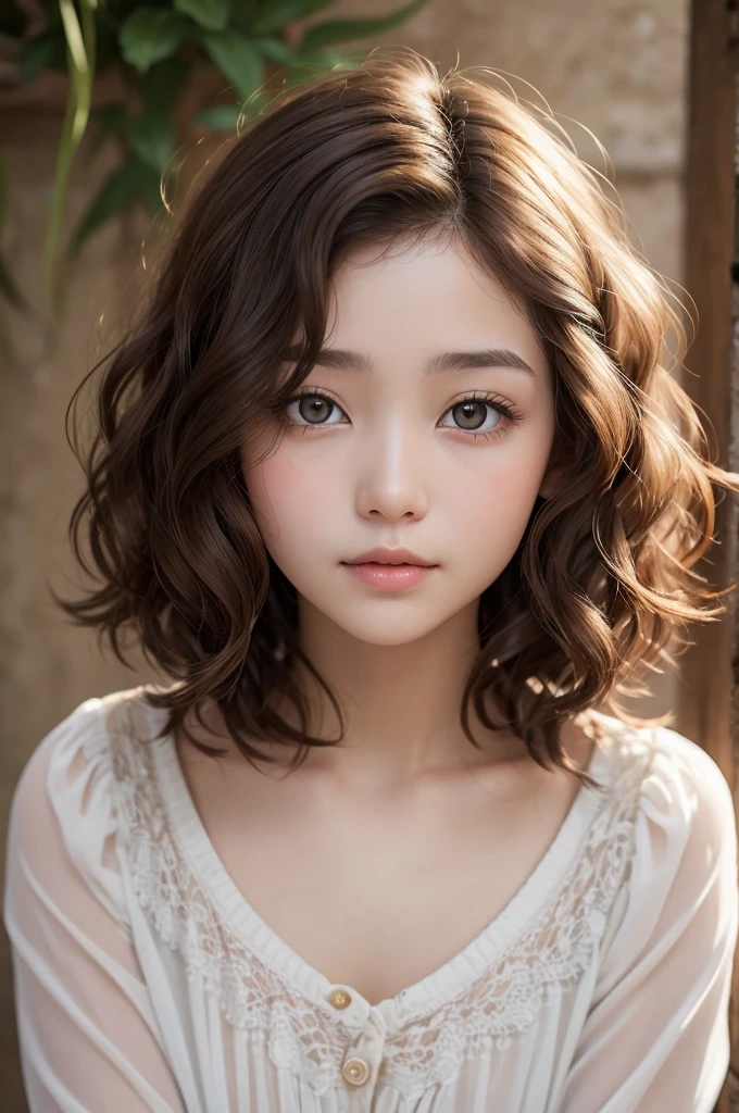 Woman with short wavy almost curly hair, white, eyes browns, cheeks a little big, shine of Jesus 
