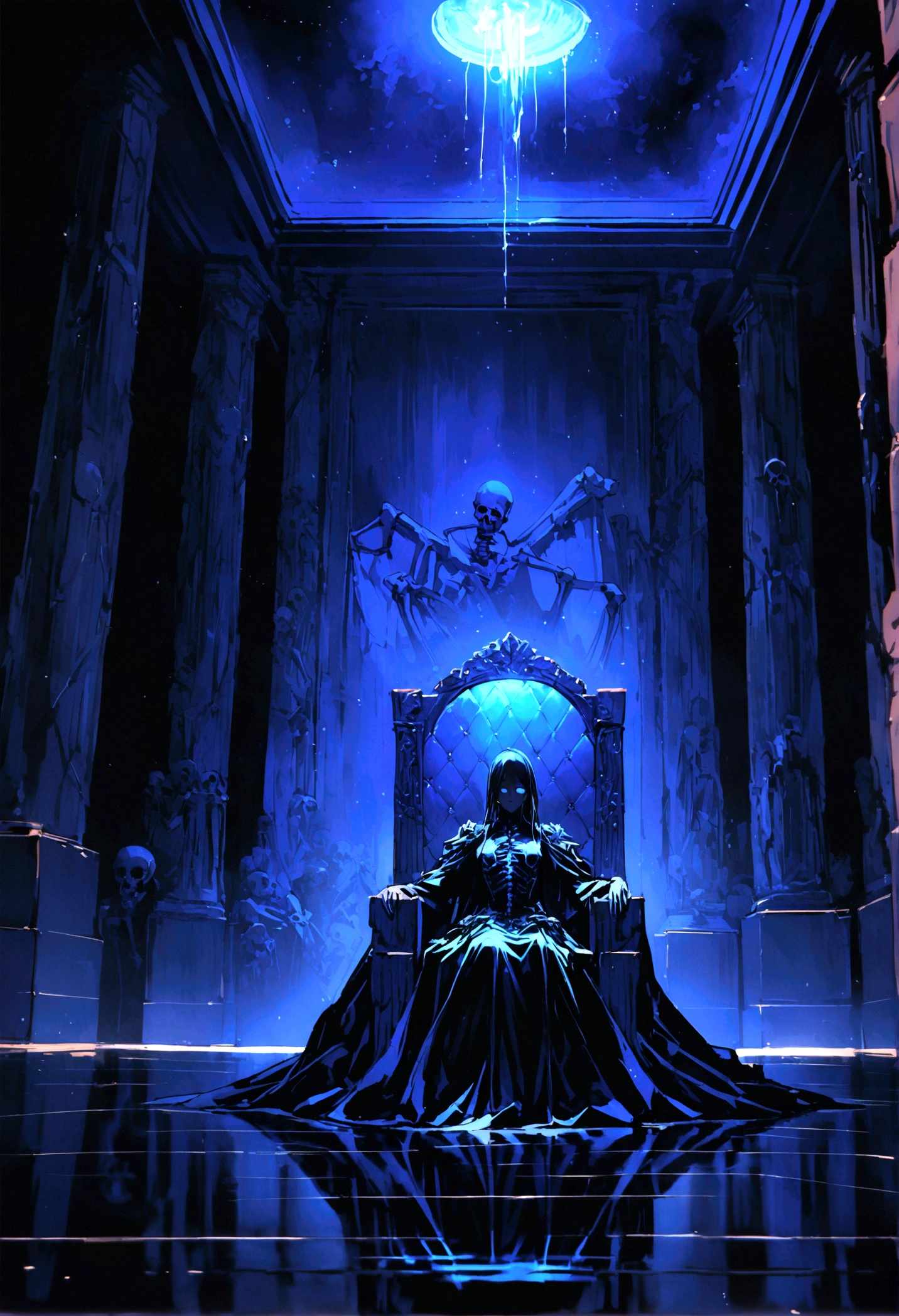 All black scene, Floor with water,  Reflecting ceiling, Entity Sitting in the Background on a Throne, Throne made of human bones. Entity illuminated by blue light, cinema dinner