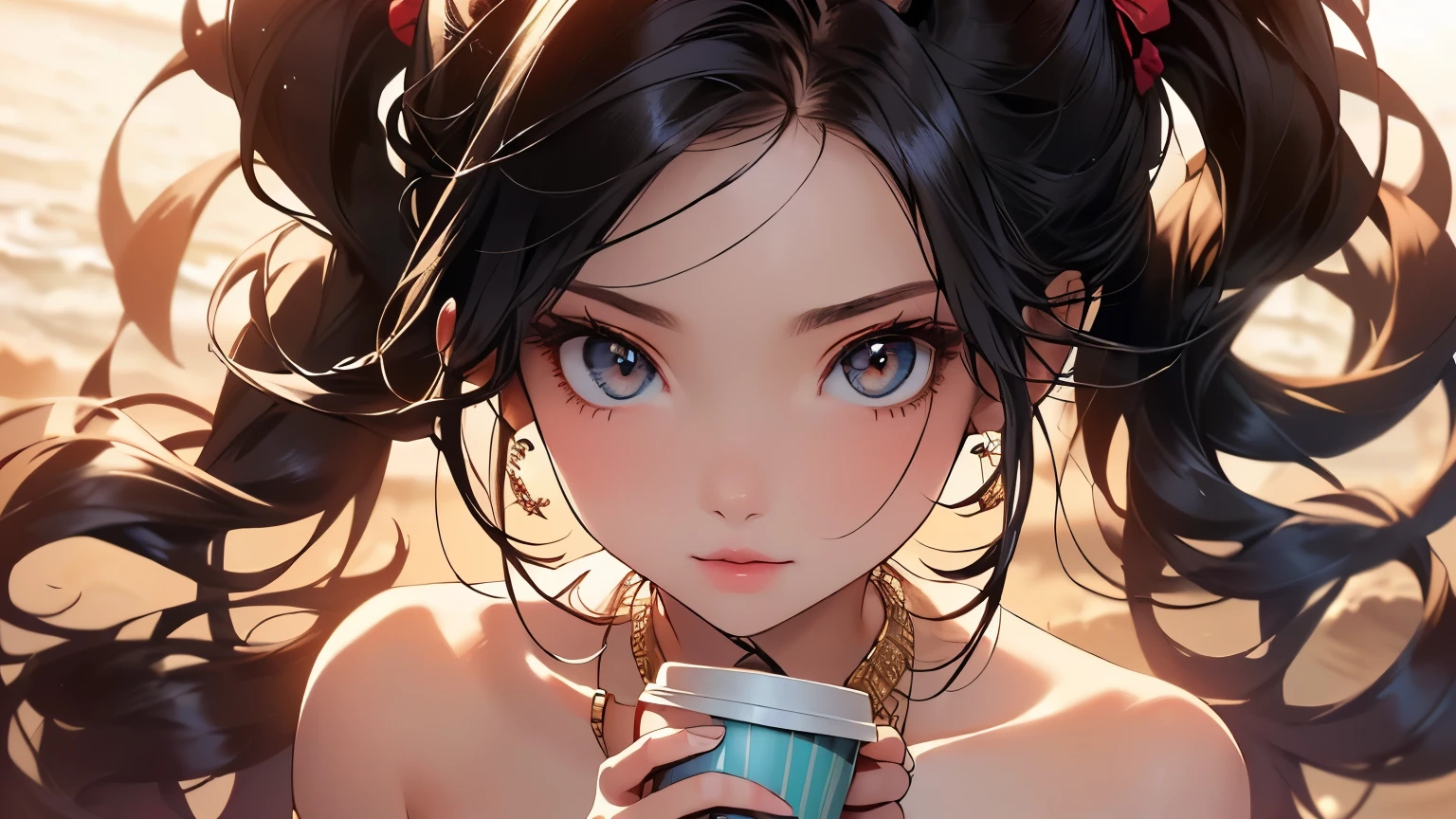 ((Biologically correct limb count))、((Full Body Shot, Full-body photo including face))、4K、masterpiece、((Focus on the face))、((Symmetrical facial features))、Eyes of meticulous depiction、Beautiful woman、Great style、Beautiful legs、(High heels)、Facial details、Small earrings、necklace、((Close-up photo of the upper body))、(Sleeveless upper body、Box Pleated Cart)、Strong sunlight、Walking on the beach、Hold down your hair、Twin tails,Holding coffee in hand