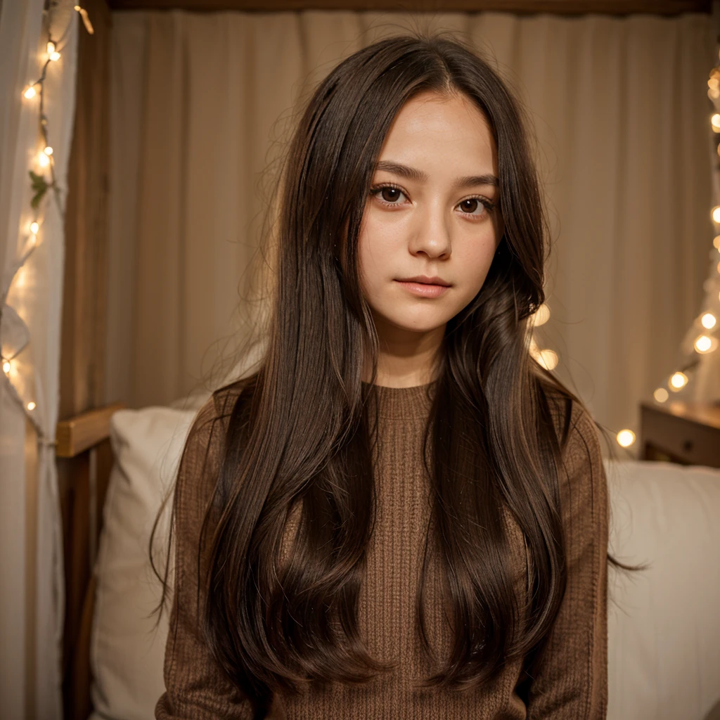 A girl with silky hair long hair in sweater and skirt  and small nose and small eyes and lovely hairline and round face 