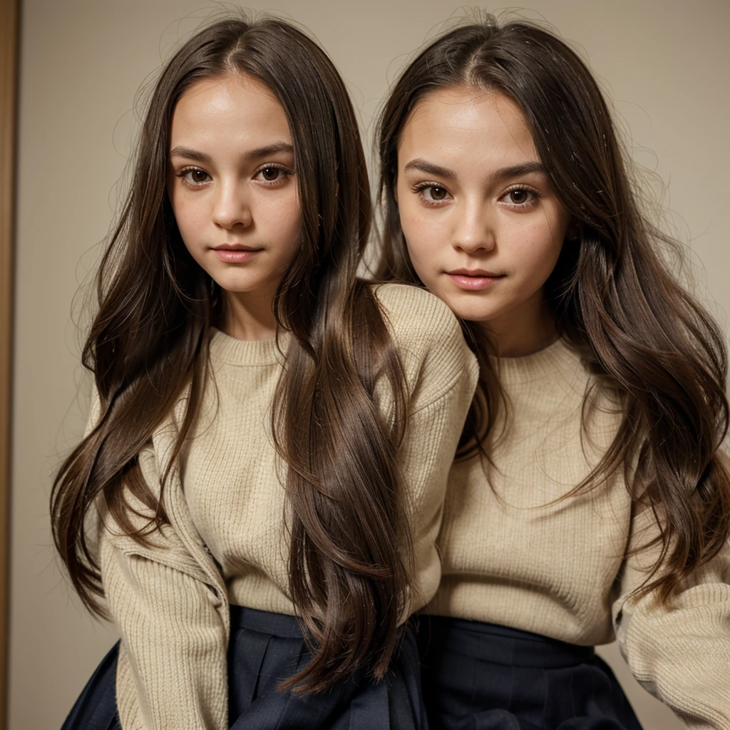 A girl with silky hair long hair in sweater and skirt and small nose and small eyes and lovely hairline and round face