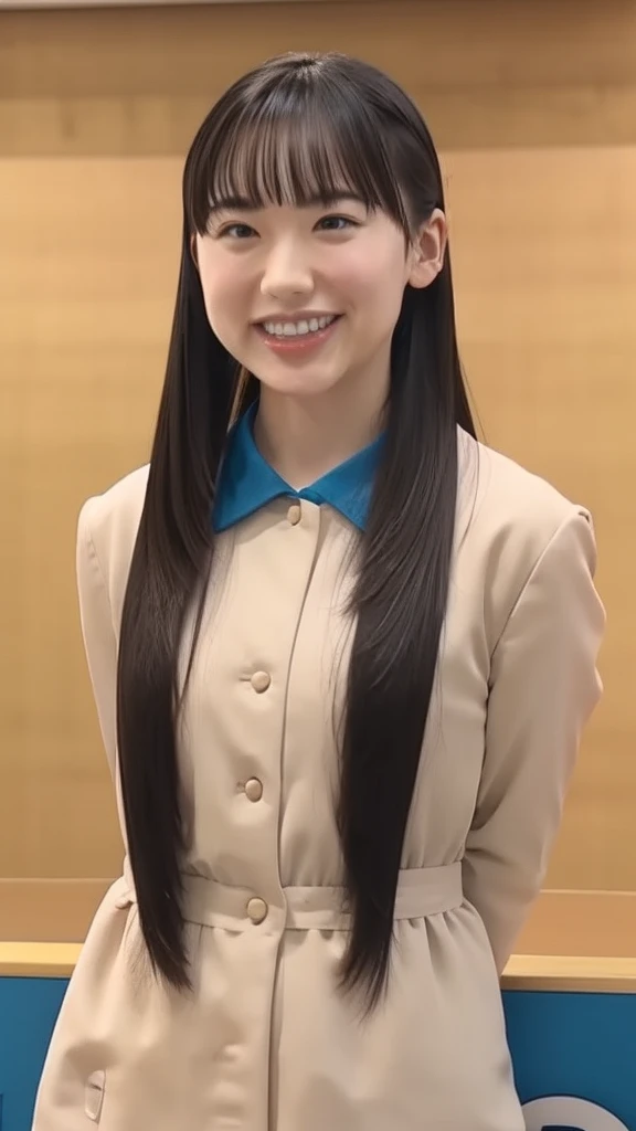 upper body, flat chest, (arms behind back:1.1), make up, sportwear, smile, long hair
