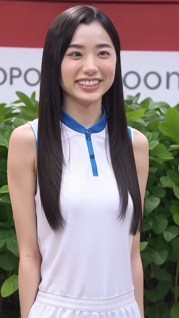 upper body, flat chest, (arms behind back:1.1), make up, sportwear, smile, long hair
