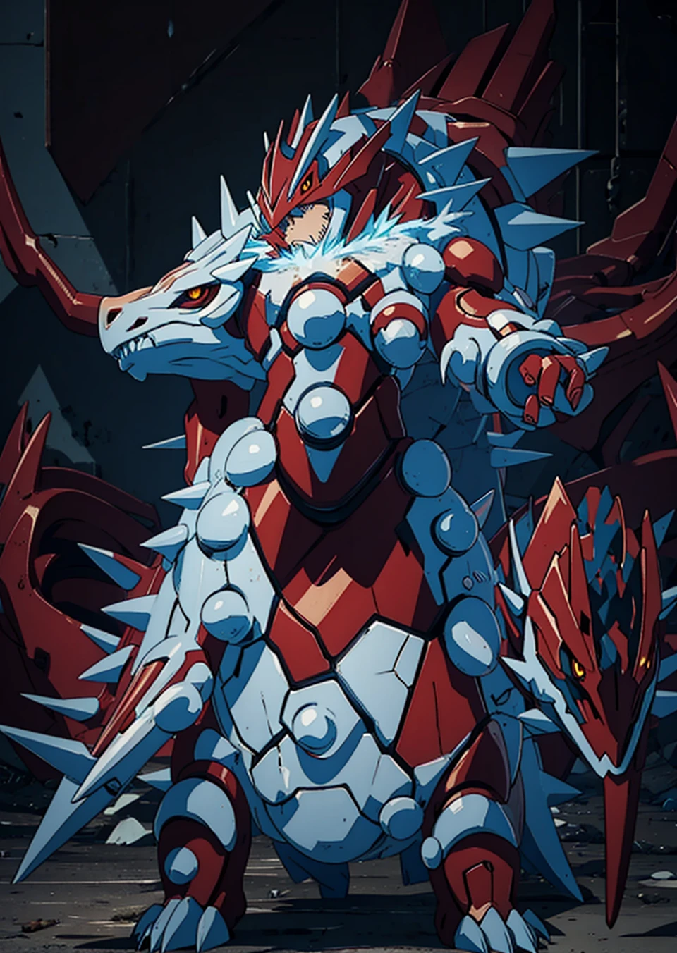 Primal Groudon (pokemon) humanoid Red armor with gaps and yellow energy Symmetry Humanoid body Hero 