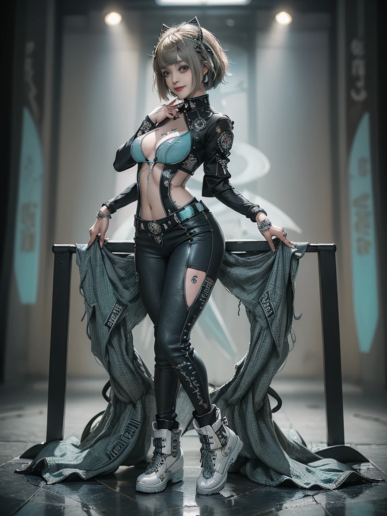 (Full Body View:1.4)、(Full body:1.3)、(Side view:1.1)、(Smiling with teeth showing:1.3),(Shibuya Gal:1.5)、(Gothic ta style fashion:1.5)、(Punk RockVisual Kei:1.5)、(Wearing a futuristic bodysuit with intricate turquoise embellishments:1.4)、(Racing suit and pants with intricate decorations in white, denim and charcoal:1.5)、(Denim with turquoise and white boots:1.3)、((belt))、(Numerous delicate logo marks all over the costume:1.4)、(collar:1.3)、(Striped underwear:1.5)、20-year-old、NSFW、((Highest quality、In 8K、masterpiece:1.3))、Sharp focus:1.2、(Layered Cut、Huge boobs:1.1),Beautiful woman with perfect figure:1.4、(Doing an aerobics pose:1.3)、Slender Abs:1.2、Highly detailed face and skin texture、Detailed eyes、double eyelid,(Short Bob Hair:1.3)、(Brown-golden hair:1.3)、Gravure idol、(The background is the stage of the fashion show:1.3)、(Slim body:1.3),(Make your legs thinner:1.4),(clavicle:1.1)