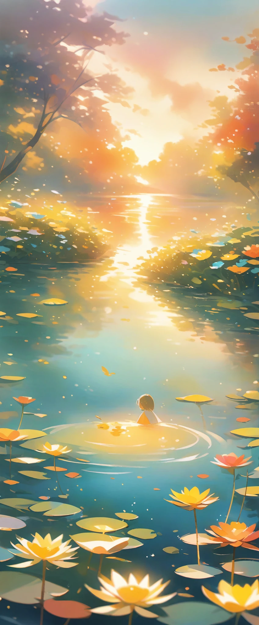 (best quality,high resolution:1.2),Very detailed,Practical,landscape,Pond in the evening,beautiful reflexions,Peaceful atmosphere,Soft sunlight,Calm Water,Lush green vegetation,Peaceful environment,A calm and peaceful scene,nature,Subtle color palette,Soothing atmosphere,breeze,Slender reed,Birdsong in the distance,Vibrant colors,Sunset tones,Majestic and beautiful,Crimson and gold sky,Like a dream,Vague,Water lily floating,Underwater rocks,Rippled pattern on water surface,Sublime tranquility,balance,Relaxed and elegant composition