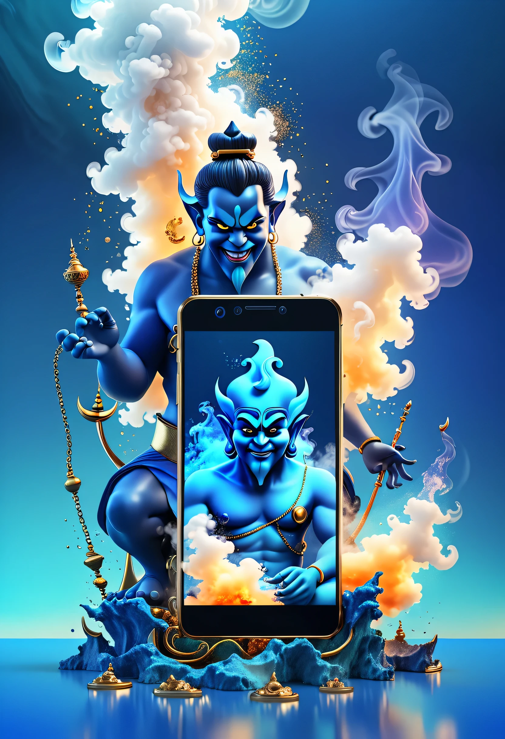 A big genie destroys a smartphone and comes out in a puff of smoke、A broken smartphone lies with the screen underneath、The demon is depicted large、Blue Demon、Genie from Aladdin、metallic、Gradient color sea background、Broken glass、Highest quality、Ultra-high resolution、Golden Ratio、Maximum Coefficient、Mohenjo Daro