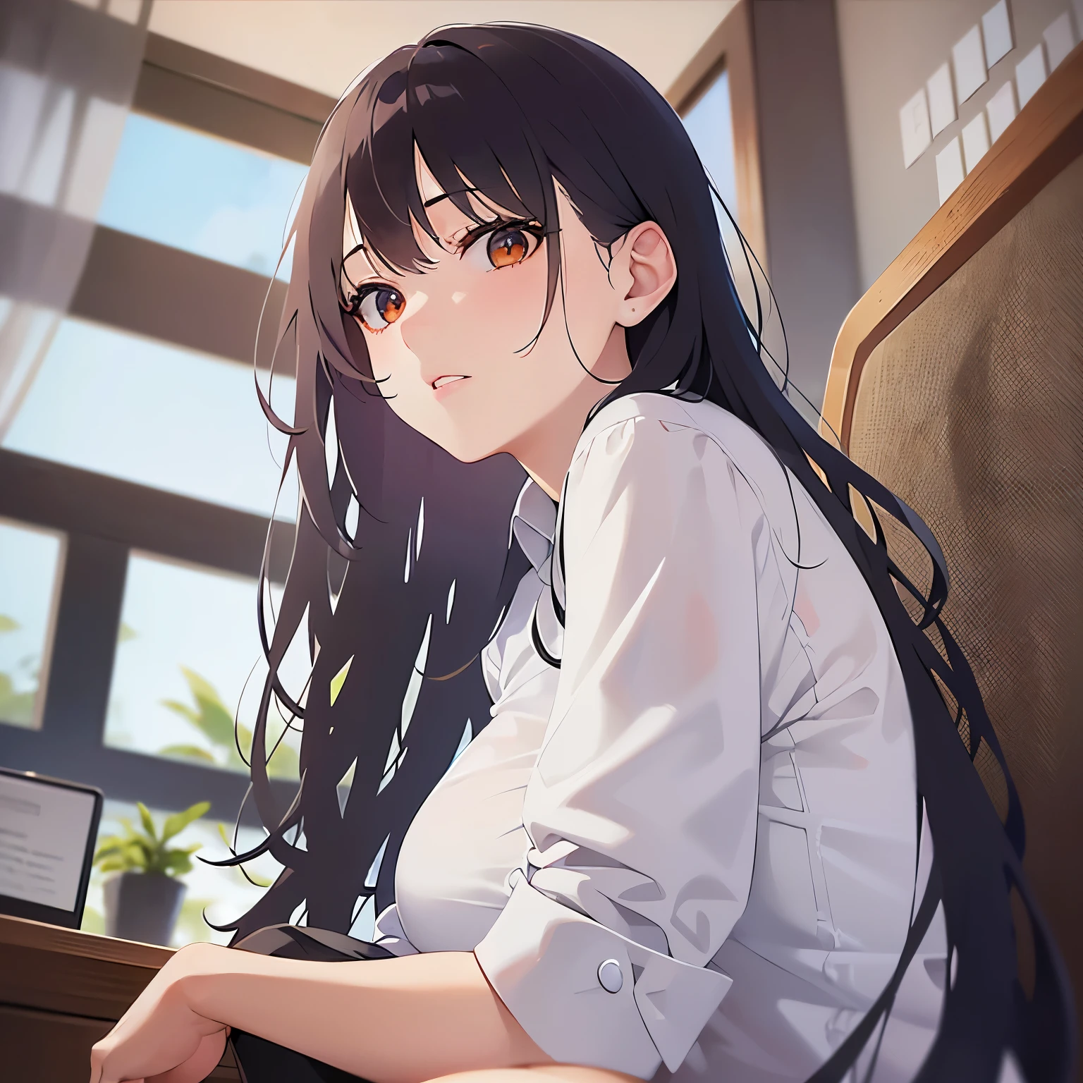 Shooting from below、Upper Body, Realistic, real person, (pale skin: 1.2), RAW photo, photorealistic, shiny skin, shiny hair、 (A 35-year-old woman with medium-length hair and bangs) and (wavy hair) and (brown hair) and (Orange Eyes), (Wearing a business suit:1.5)、 expressionless, The background is the living room、Alone、Cross your arms