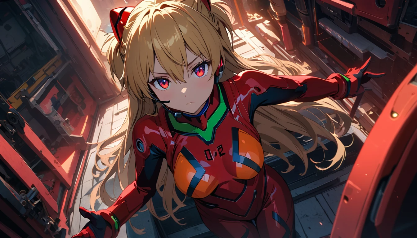 (view from above),dynamic angle,ultra detailed, illustration, close-up, Right on, 1 girl, 
 ((Suryu Asuka Langley, headset interface, red bodysuit:1.4, blonde)),Her eyes shone like Dreamy stars,(Brilliant eyes:1.233),(Beautiful and detailed eyes:1.1),(inexpressive,closed mouth),(standing), 
(Mechanical room with tools and spaceship window in white SPACESHIP),
(night:1.2),Dreamy, [[gentle fingers and hands:0.55]::0.85],(detailed fingers),),(emotional),(breathtaking),(main part:1.2) whole body.), (Anime Style), (Super Detailed), (brutal), (uhd, HDR), (8K), (High Resolution: 1.2), (Complex and Beautiful: 1.2), (Dramatic Lighting: 1.2) , (staring at the viewer), lora:add_detail:1, female necromancer, flowing white hair, detailed red eyes, skelet, Tomohiko Ito style