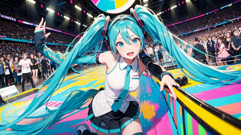 This painting depicts an active and colorful dance party scene featuring Hatsune Miku.。Colorful neon lights are shining all around.。