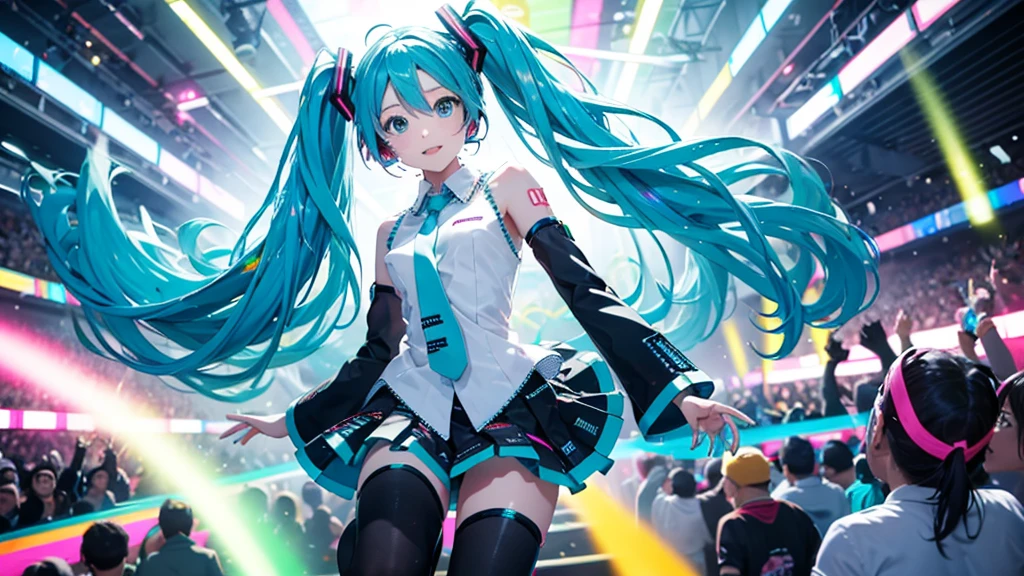 This painting depicts an active and colorful dance party scene featuring Hatsune Miku.。Colorful neon lights are shining all around.。