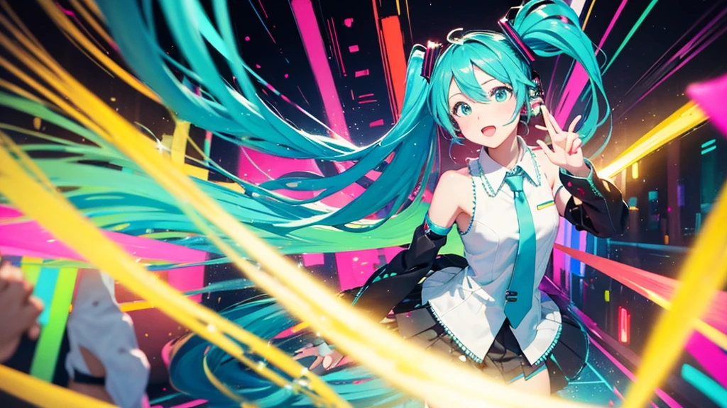 This painting depicts an active and colorful dance party scene featuring Hatsune Miku.。Colorful neon lights are shining all around.。