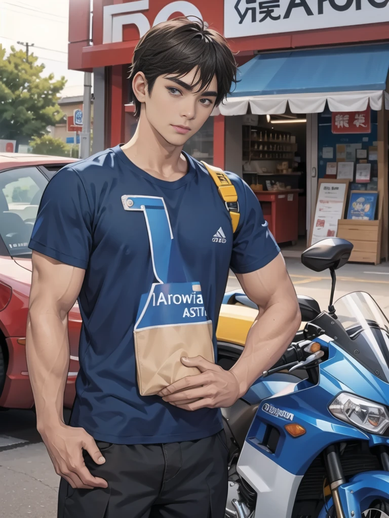 In front of the noodle shop, a navy blue motorcycle is in front.