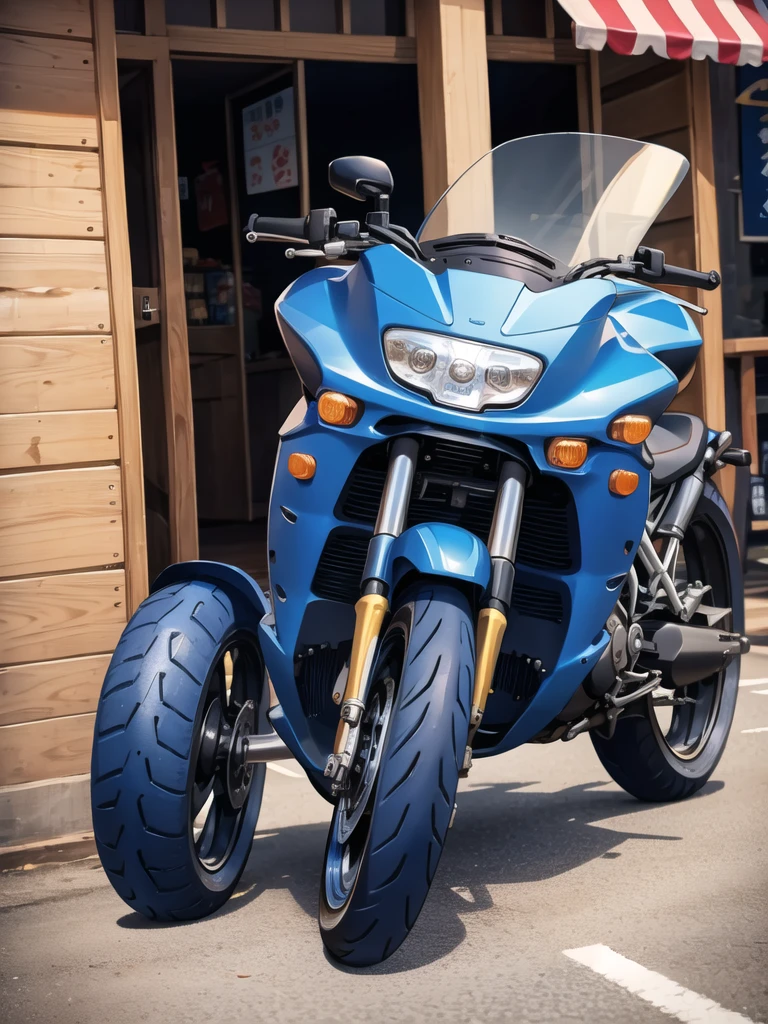 In front of the noodle shop, a navy blue motorcycle is in front.