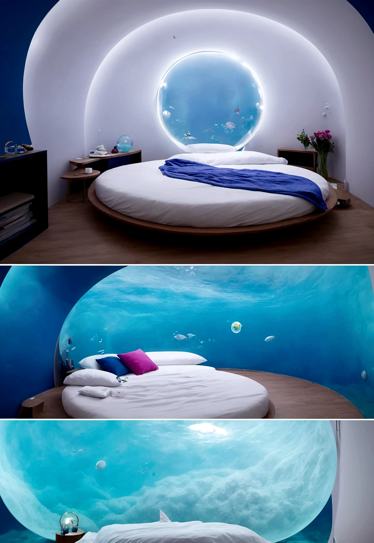 A bed floating in a round bubble in the ocean。The bed is lit up with neon lights.、Surrounded by vibrant colors。There are no people in the sea、I can hear the quiet sound of the waves。The bed is covered with fluffy pillows and soft futons.、It's like a dream world。Underwater bed