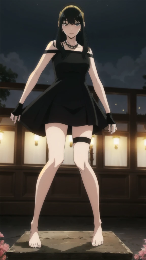 Joffe,1 Girl,Solitary, Short hair long hair, Gold hair band,Flowering, Black necklace, Black skirt,sleeveless,Off-shoulder, Fingerless gloves, (waist_cape:0.8),Black footwear, Holding a dagger, night,Starry Sky_Sky,nature,struggle_attitude,Sexy,Thigh fleshy,The perspective starts from the feet,transparent,No shoes,