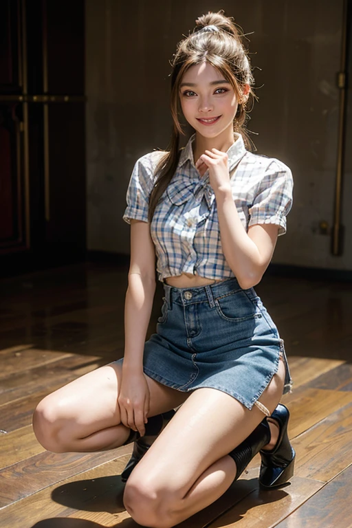 highest quality, masterpiece, Ultra-high resolution,(((Face Focus:1.6))) (Realistic:1.6), (Portrait of a man kneeling with legs apart) RAW Photos, 1 girl, 20-year-old,((A girl in high heels wearing a white blouse and a blue plaid miniskirt)),((Ponytail and hair tie)),,((Looking up at the audience)),Realistic,((background)), Image Media Chest)),((Smiling with teeth showing)),