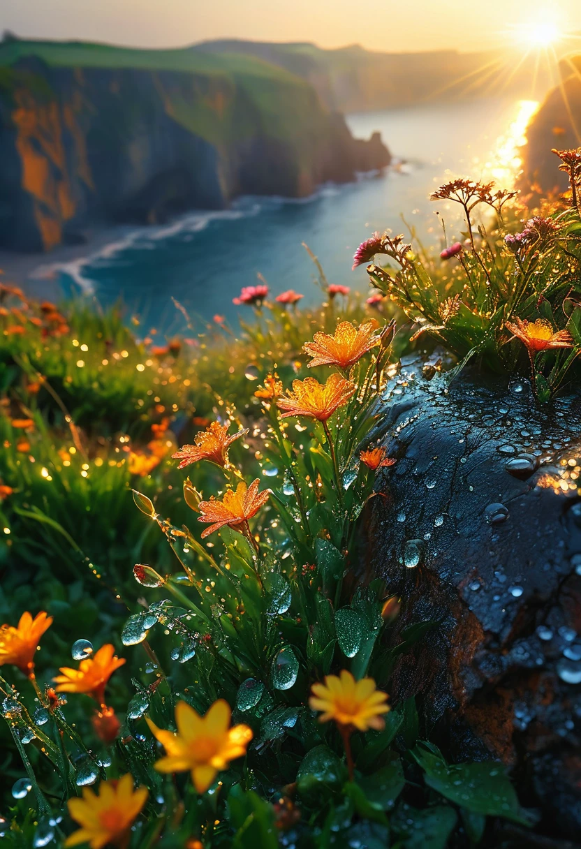 Beautiful and detailed morning scenery, Intricate details, Practical, Dramatic Lighting, The first rays of sunlight at dawn, sunrise，Sunshine，Dew drops on flowers on the cliff, Natural Lighting, Movie, photoPractical, High resolution wallpaper