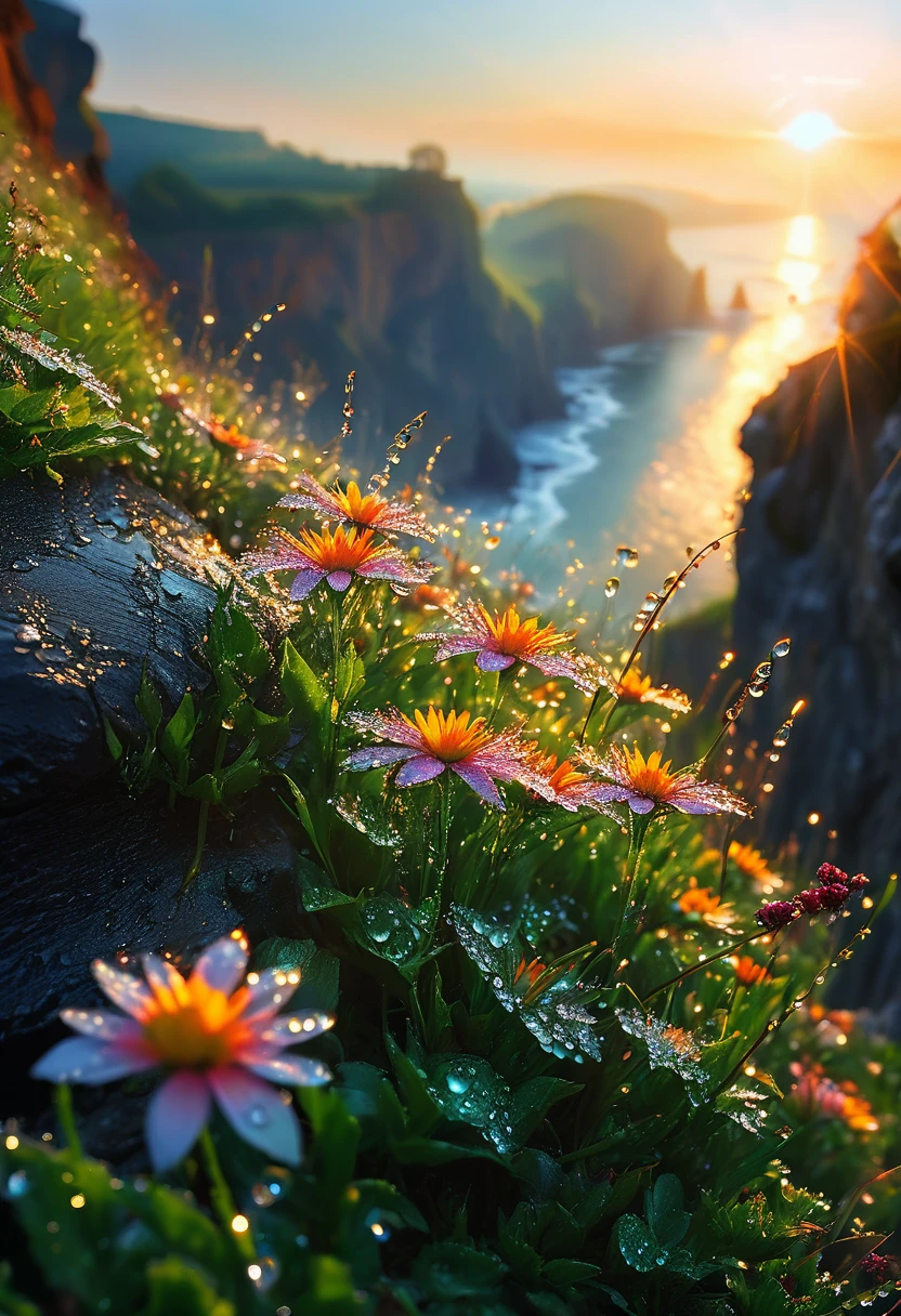 Beautiful and detailed morning scenery, Intricate details, Practical, Dramatic Lighting, The first rays of sunlight at dawn, sunrise，Sunshine，Dew drops on flowers on the cliff, Natural Lighting, Movie, photoPractical, High resolution wallpaper