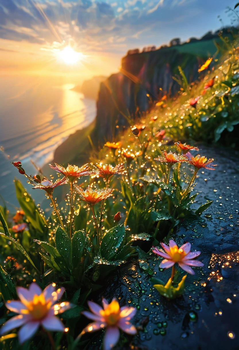 Beautiful and detailed morning scenery, Intricate details, Practical, Dramatic Lighting, The first rays of sunlight at dawn, sunrise，Sunshine，Dew drops on flowers on the cliff, Natural Lighting, Movie, photoPractical, High resolution wallpaper