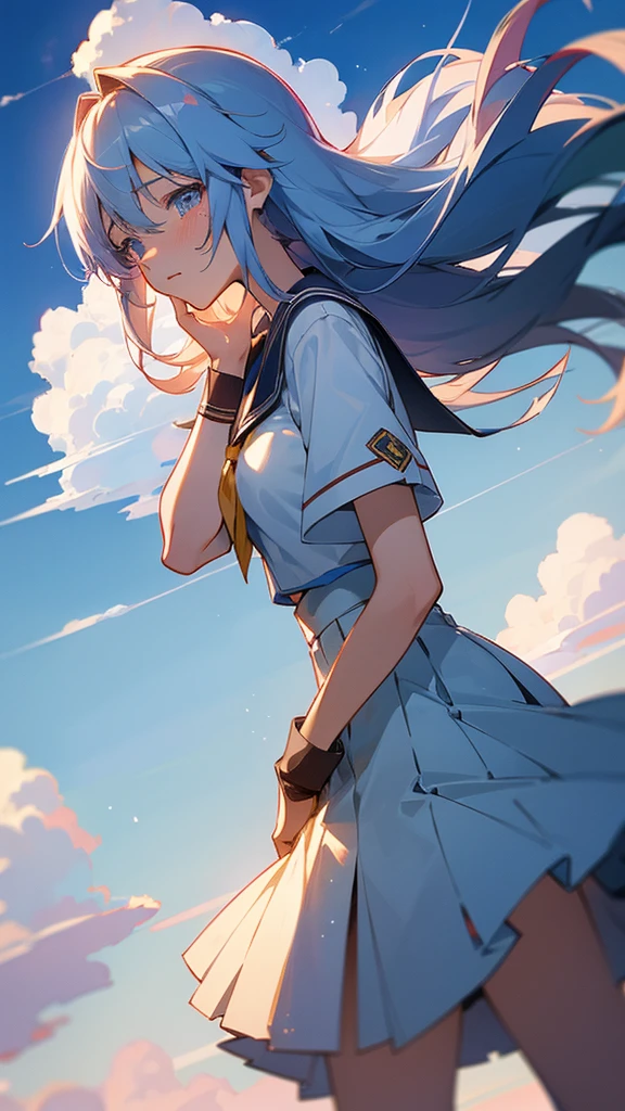 jinx girl, petite, solo, NSFW、jinx schoolgirl, school uniform , City Bike Pedaling , wave her hand , Carry the bag on your back,from the rear, From below, School uniform, ((Frosting skirt)), ((sexy panties), Long hair, half up, background sunset, Backlight , Laugh, Open mouth, ((masutepiece)), ((Best Quality)), ((Ultra-detailed)), (1536X2048 resolution)
