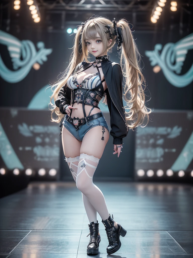 (Full Body View:1.4)、(Side view:1.1)、(Smiling with teeth showing:1.3),(Shibuya Gal:1.5)、(Gothic Lolita style fashion:1.5)、(Punk RockVisual Kei:1.5)、(Wearing a rhythmic gymnastics bodysuit with intricate details:1.4)、(Cloak de cour with delicate decorations in white, denim and turquoise:1.5)、(Denim with turquoise and white boots:1.3)、((belt))、(Numerous delicate logo marks all over the costume:1.4)、(collar:1.3)、(Striped underwear:1.5)、20-year-old、NSFW、((Highest quality、In 8K、masterpiece:1.3))、Sharp focus:1.2、(Layered Cut、Huge boobs:1.1),Beautiful woman with perfect figure:1.4、(Sexy Gravure Pose:1.3)、Slender Abs:1.2、Highly detailed face and skin texture、Detailed eyes、double eyelid,(Twin tails:1.3)、(Brown-golden hair:1.3)、Gravure idol、(The background is the stage of the fashion show:1.3)、(Slim body:1.3),(Make your legs thinner:1.4),(clavicle:1.1)、(Thin thighs:1.2)