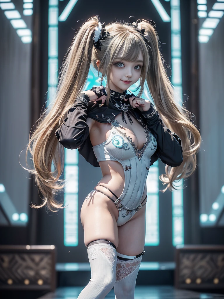 (Full Body View:1.4)、(Side view:1.1)、(Smiling with teeth showing:1.3),(Shibuya Gal:1.5)、(Gothic ta style fashion:1.5)、(Punk RockVisual Kei:1.5)、(Wearing a rhythmic gymnastics bodysuit with intricate details:1.4)、(Cloak de cour with delicate decorations in white, denim and turquoise:1.5)、(Denim with turquoise and white boots:1.3)、((belt))、(Numerous delicate logo marks all over the costume:1.4)、(collar:1.3)、(Striped underwear:1.5)、20-year-old、NSFW、((Highest quality、In 8K、masterpiece:1.3))、Sharp focus:1.2、(Layered Cut、Huge boobs:1.1),Beautiful woman with perfect figure:1.4、(Sexy Gravure Pose:1.3)、Slender Abs:1.2、Highly detailed face and skin texture、Detailed eyes、double eyelid,(Twin tails:1.3)、(Brown-golden hair:1.3)、Gravure idol、(The background is the stage of the fashion show:1.3)、(Slim body:1.3),(Make your legs thinner:1.4),(clavicle:1.1)、(Thin thighs:1.2)