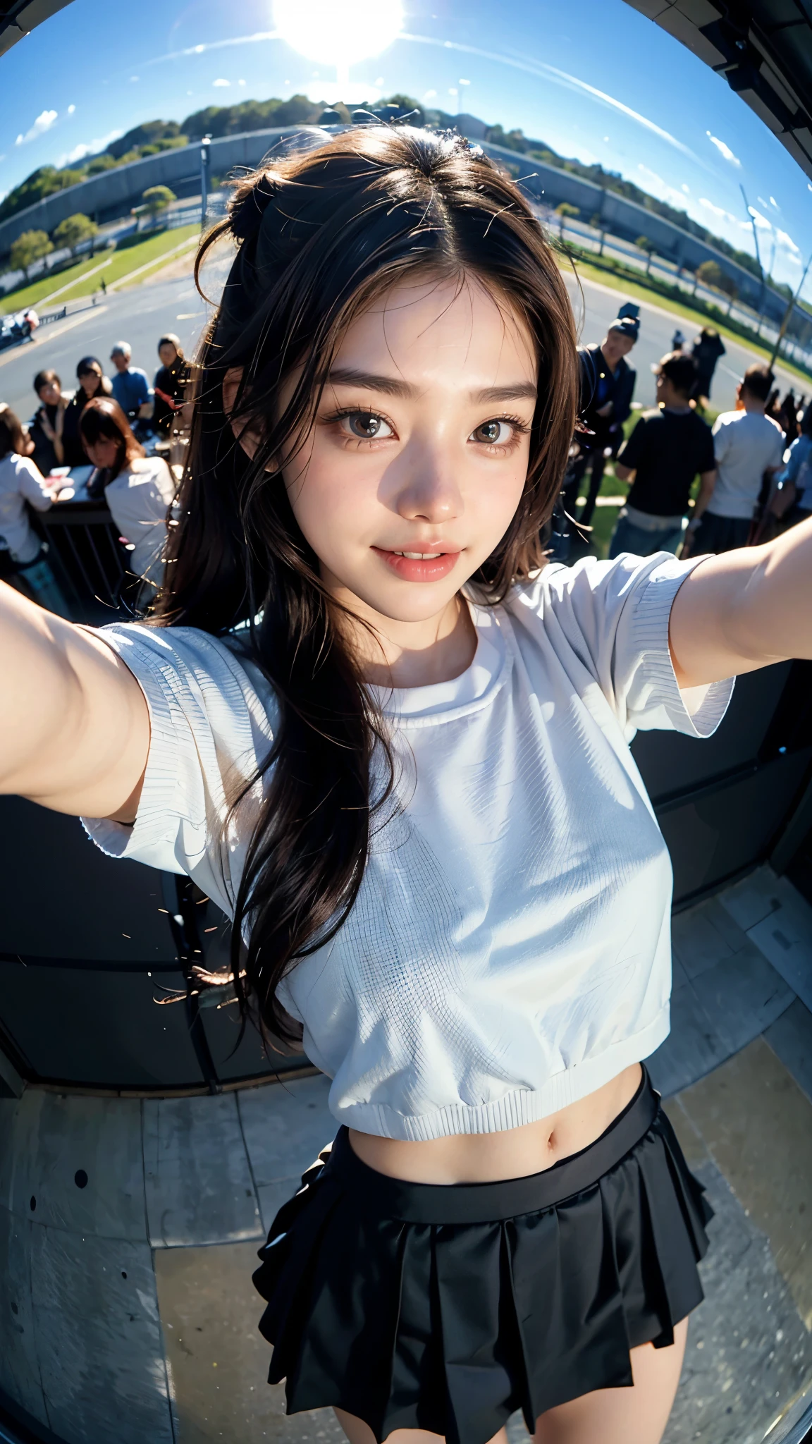 Highest quality, masterpiece, Ultra-high resolution,8K, (Realistic:1.6), (Face-to-face selfie portrait) RAW Photos, 1 Girl,(Full of smiles, Showing teeth)), 22 years old,((Korean Idol Karina Fashion)),((Miniskirt uniform and undershorts)),((Jet black long hair chignon)),((Red hair fluttering in the wind)),((Looking up at the audience)),Face Focus:1.4,((Selfie taken with a fisheye lens:1.4)),((Background of airplane trails shining against the blue sky)),