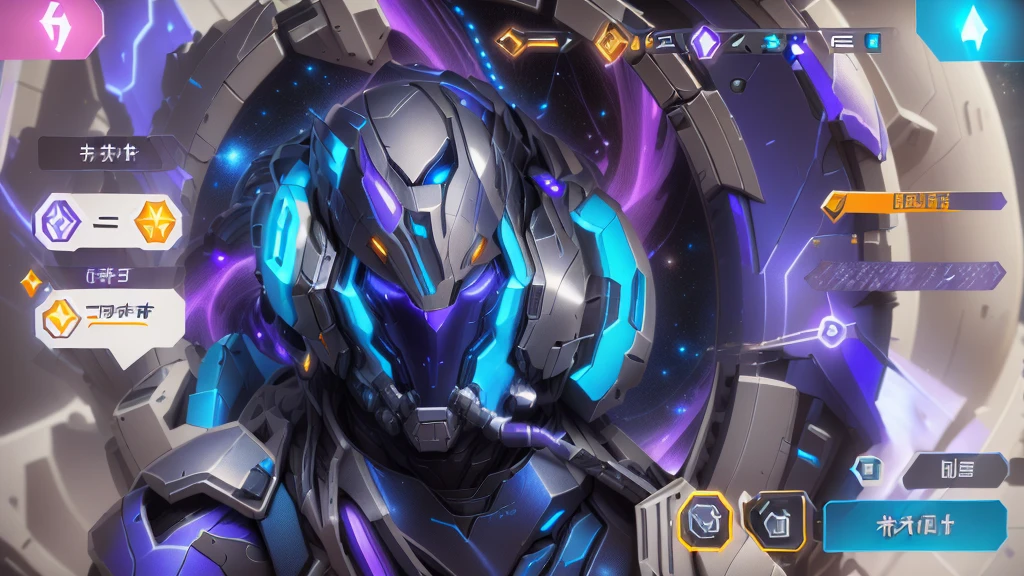 There is a robot in the space station，Background is blue and purple, Heroic epic battle scene, Chrome Swirl, Planet Devourer!!!!, Ethereal and Mecha Themes, Planet Devourer, Galaxy Space Hunter, Silver Ice Reflective Armor, mega legendary, The album cover, This character has cryokinesis abilities, Detailed cosmic angel, Cool mech style