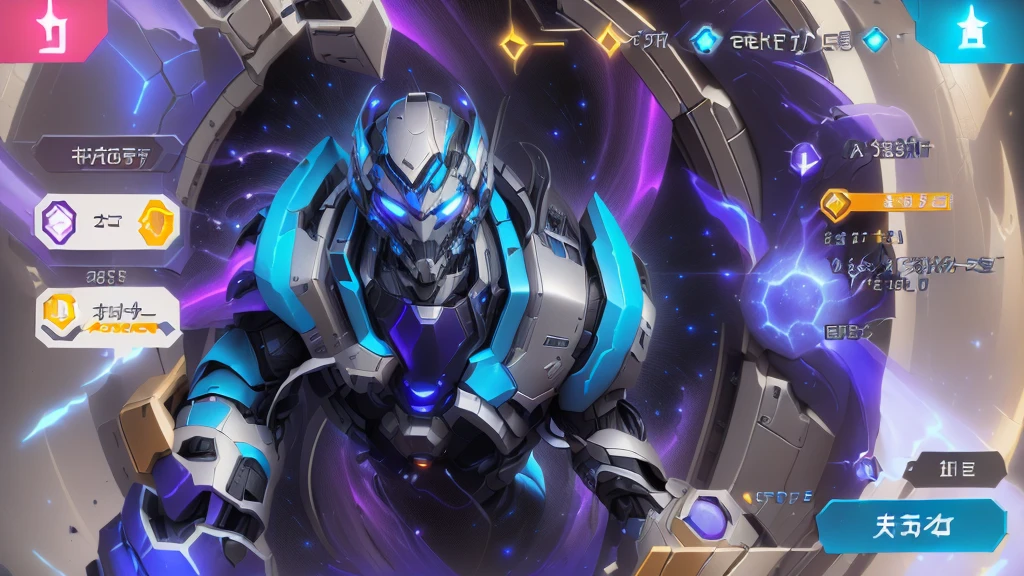 There is a robot in the space station，Background is blue and purple, Heroic epic battle scene, Chrome Swirl, Planet Devourer!!!!, Ethereal and Mecha Themes, Planet Devourer, Galaxy Space Hunter, Silver Ice Reflective Armor, mega legendary, The album cover, This character has cryokinesis abilities, Detailed cosmic angel, Cool mech style