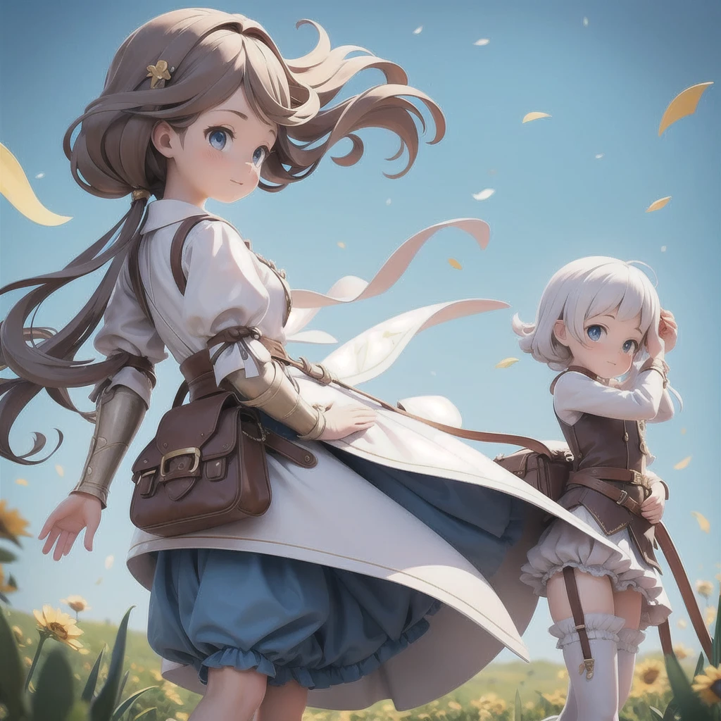 Girl 、Medieval dress with panniers、Fabric Realism、Low - Angle、Wearing bloomers、I can see the drawers、Pull up the hem of your dress with your hands、Strong winds、blue sky