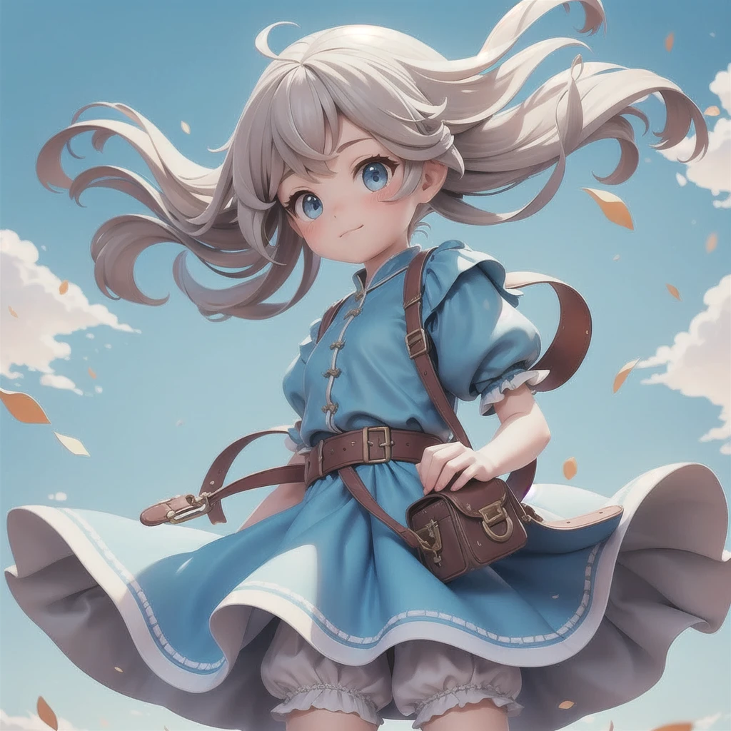 Girl 、Medieval dress with panniers、Fabric Realism、Low - Angle、Wearing bloomers、I can see the drawers、Pull up the hem of your dress with your hands、Strong winds、blue sky