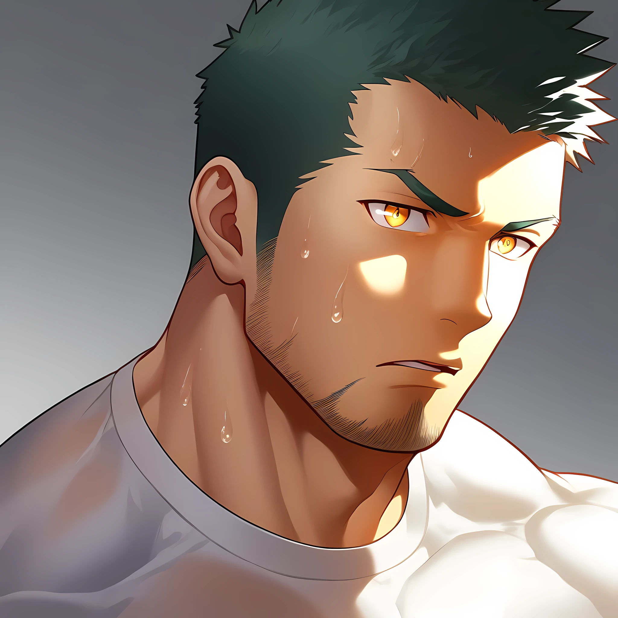 anime characters:Gyee, Priapus,Muscle Sports Student, 1 muscular tough guy, Manliness, male focus, Close-up of the side, Light yellow high collar long sleeve tight T-shirt, Very tight, The clothes were soaked with sweat, The pectoral muscles are oversized, Slightly transparent, muscular male, muscular, only, Upper body, alone, Black short hair, Thick eyebrows, stubble, Yellow eyes, Grey background, simple background, amazing quality, best aesthetics, Ridiculous, bright pupils, crew cut, parted lips, v-shaped eyebrows, jitome, disdain, drop shadow, best quality