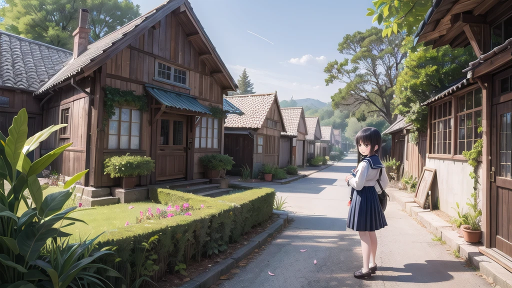 (masterpiece),  town,  blue sky,  One Girl,  smile,  alone,  Sailor suit、Long skirt,  Overgrown,  petal,  plant、Skirt lining、Translucent slip、Nostalgic