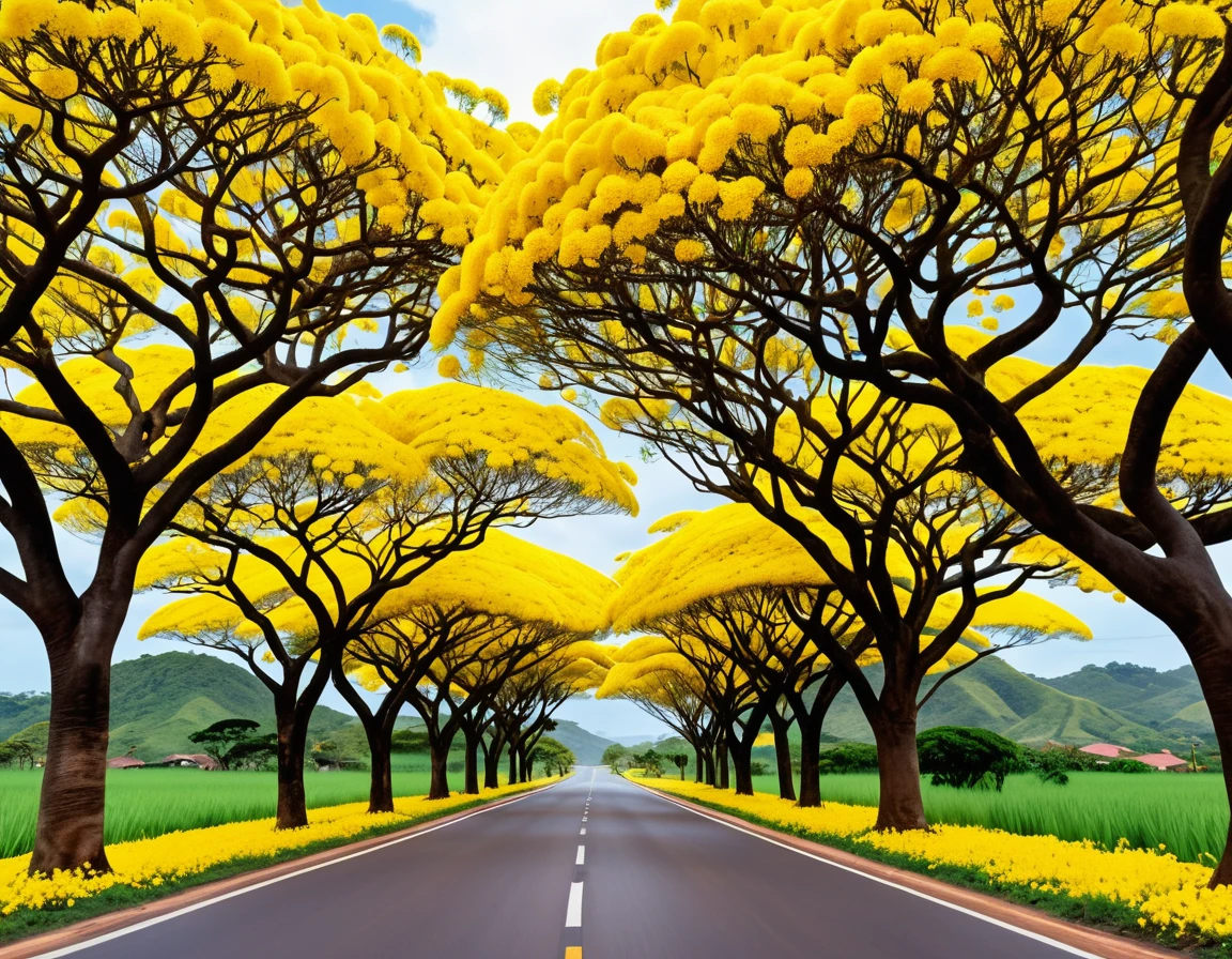 Spring has arrived. The roads and streets of rural towns in Brazil are covered with yellow flowers. Yellow petals hang from the branches of flowering yellow lapacho (Handroanthus serratifolius), a huge heart-shaped tree, a vast expanse of yellow, ultra-high definition, clear and soft light, golden hour, 8K --ar 2:3 --stylize 750 --v 4