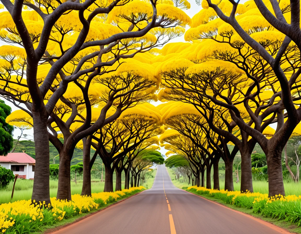 Spring has arrived. The roads and streets of rural towns in Brazil are covered with yellow flowers. Yellow petals hang from the branches of flowering yellow lapacho (Handroanthus serratifolius), a huge heart-shaped tree, a vast expanse of yellow, ultra-high definition, clear and soft light, golden hour, 8K --ar 2:3 --stylize 750 --v 4