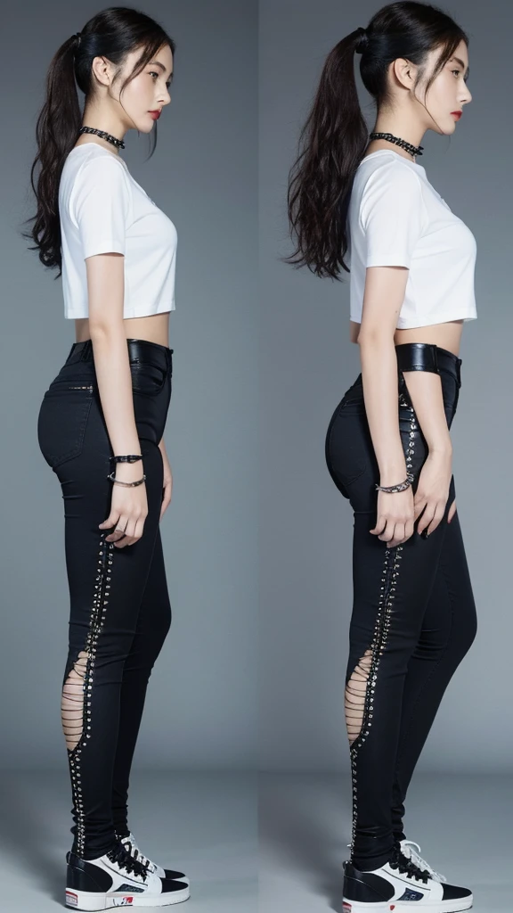 (master piece, high quality, 8k) (full body) (same character front, back, side view) (model sheet) (multiple views of the same character) . 8k, (RAW photo, best quality), beautiful red eyes, woman, perfect anatomy, delicate and cute face, short black hair, skin very white, black nails, black lips, wearing black leggins, small black t-shirt, black choker with spikes, black bracelets