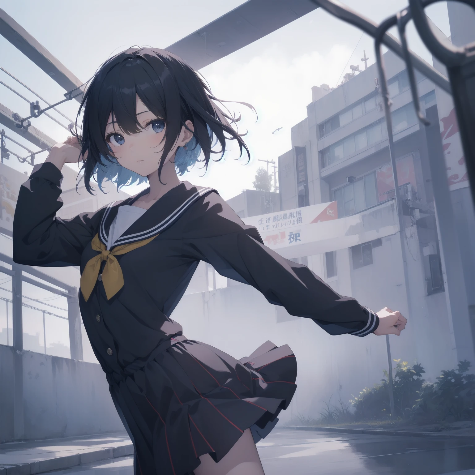 ultra-absurdres-Top quality by artist God, ultra-detailed, high resolution, anime moe artstyle, best anime 8k konachan wallpaper, pixiv contest winner, pool:2810, perfect anatomy,break, 1girl, (Please draw a girl walking sleepily to school alone. )break,(Solo,little female, 13-year-old:1.3),Full limbs, complete fingers,a junior high school student, (very short hair), short cut, flat chest, , small butt, small black eyes, beautiful detailed eyes, well-proportioned iris and pupils, expressive eyes, highres detailed hair, soft expression, salor school_uniform, sailor collar, serahuku, bow, pleated skirt,(Detailed Lighting), (Detailed background), in the School commute route. break,super detailed skin, Best cinematic lighting powered by famous artist, 8k,beauty illustration,photoshop_(medium),very aesthetic,break,((artist:saiguchi_otoufu )), artist:clamp ,artist:carnelian ,artist:kantoku ,