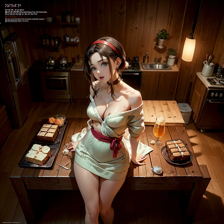 (Small breastss:1.3), (Firm breasts:1.1), (Pointed Chest:1.0), (Pudding cake magazine cover:1.3)，(From above:1.0),(From the side:0.9),masterpiece, One girl, Great cleavage:1.1, Narrow waist, BIG ASS, Raised to be sexy, Small breasts: 1.3, Posing and showing off cleavage:1.2、alone, Open your mouth, cute beer glass cute grass,Black Hair, Dark green eyes, dress, Exposing shoulders, jewelry, clavicle, Side Lock, hair band, Earrings, indoor, Off the shoulder, sweater, Put your arms behind your back, plant, short hair and long locks, gild hair band, sweater dress:1.2, off-shoulder sweater, red sweater, Dark Gorgeous Hair, Big side hair, Very long side hair,Rendered (masterpiece: 1.2, highest quality), and (Ultra-high resolution) And exquisite (Depth of written boundary). This masterpiece is not only visually stunning but also tells,Cooking in the classroom kitchen ,View Viewer, 