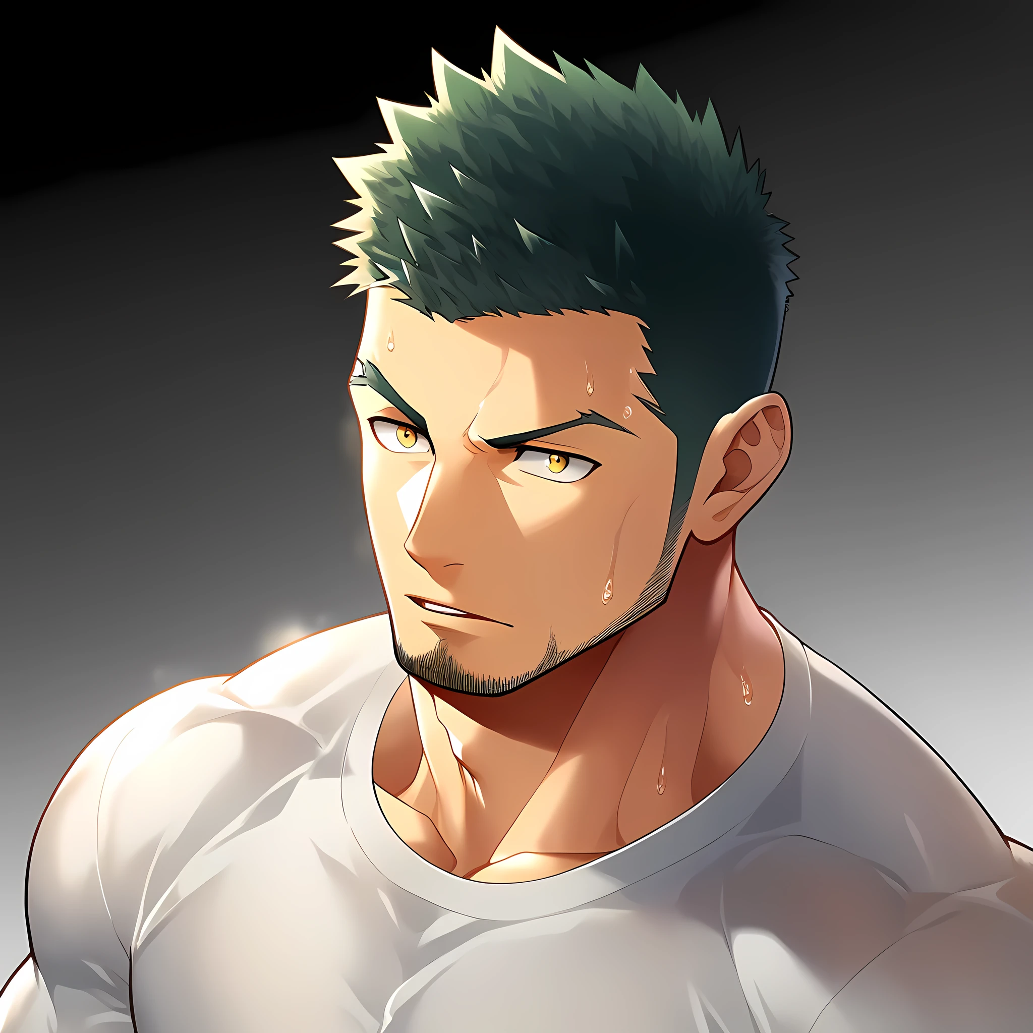 anime characters:Gyee, Priapus,Muscle Sports Student, 1 muscular tough guy, Manliness, male focus, Close-up of the side, Light yellow high collar long sleeve tight T-shirt, Very tight, The clothes were soaked with sweat, The pectoral muscles are oversized, Slightly transparent, muscular male, muscular, only, Upper body, alone, Black short hair, Thick eyebrows, stubble, Yellow eyes, Grey background, simple background, amazing quality, best aesthetics, Ridiculous, bright pupils, crew cut, parted lips, v-shaped eyebrows, jitome, disdain, drop shadow, best quality