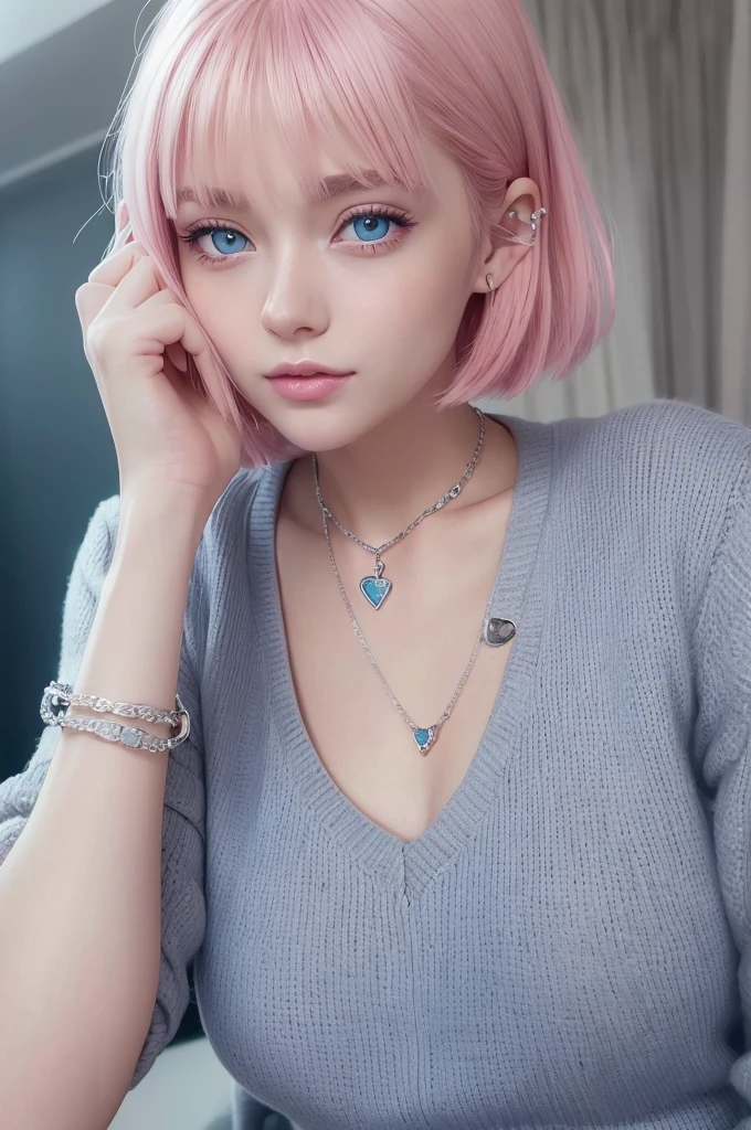 (8k high quality), (2d high quality), (high anime quality), (beautiful young girl), (beautiful face), (shining, short pink hair), (galaxy blue eyes, almond shape eyes), (shining smooth skin), (beautiful thin eyebrow), (beautiful wristwatch), (beautiful silver necklace with heart pendant), (beautiful white school uniform).
