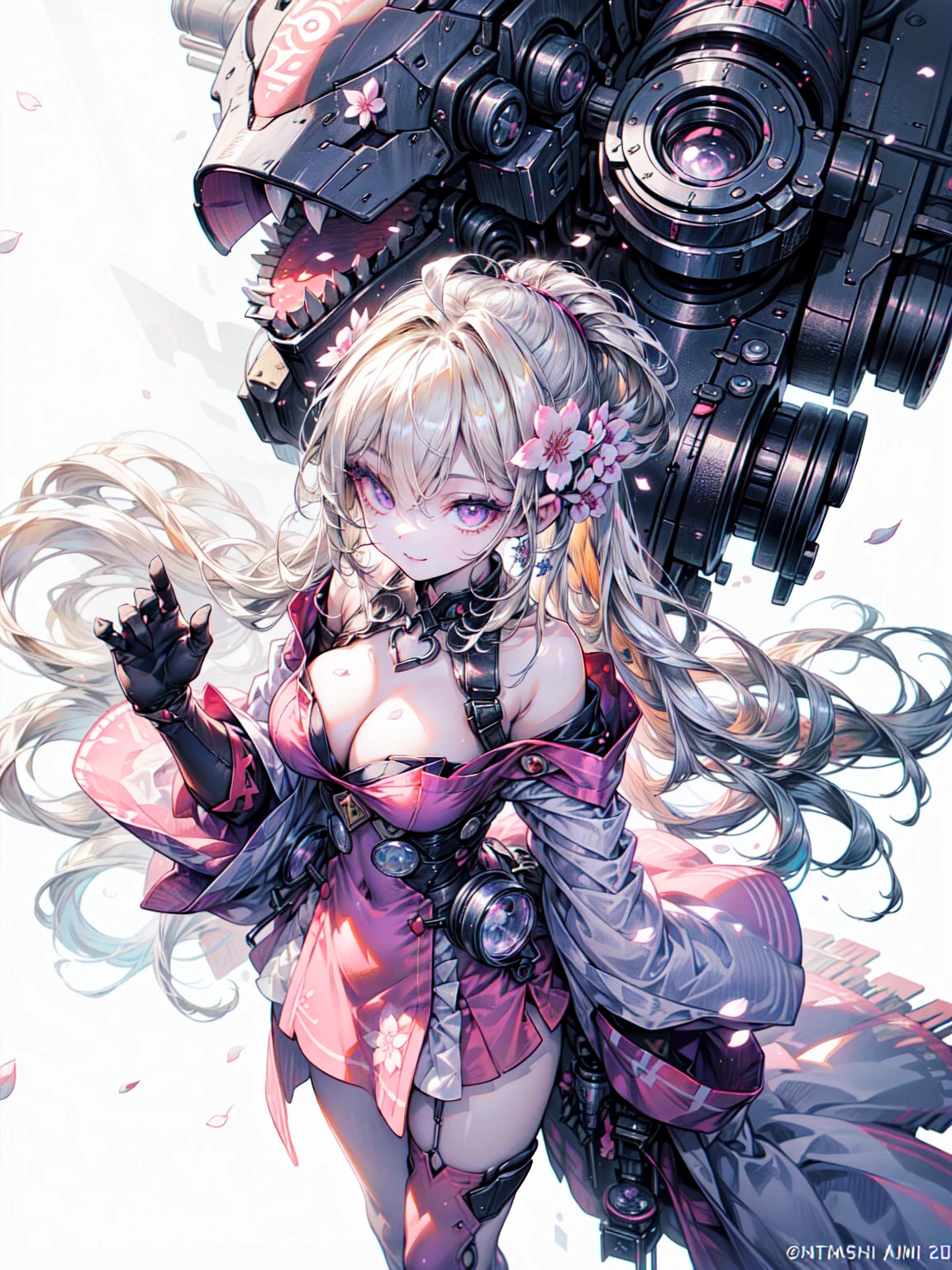 super high quality、8K quality、High resolution、Image quality captured with a single-lens reflex camera、(SFW)、Perfect Anatomy、(cherry blossoms🌸がテーマ）Oiranメカガール、Beautiful blonde 20 year old girl.Orange eyes、Cowboy Shot、(Good shape、Normal chest、Cleavage)、3d realistic black machine parts、（Shoulders and one leg are exposed:1.2）(Rear mechanical unit)、Blake、(Wear a bright pink outfit、Long hem、Oiran:1.2)(Mechanical parts below the elbows and knees:1.3)、Blake、（Perfect Anatomy:1.4）break(Cherry-blossom viewing、Raise one hand、avert your eyes:1.2)cherry blossoms々(渡月橋の周囲に舞うcherry blossomsの花びら:1.3)(Portrait Angle、Top View:1.3)、Machine Armor、Organic Armor Cyborg、Armor Texture、Blake、(Dark Elf), (1 Girl), alone, Perfect Face, Get used to it, Ahoge, ((Long Hair:1.2)), (Hair above one eye:1.3), [[Messy Hair]], Shiny blonde white hair, Purple eyes, Variegated eyes, Colorful Hair, Shining Eyes, (eyelash, eye shadow, pink eye shadow), bright, smile, Design Art：haruhiko mikimoto, by Kawashi, By Yoshitaka Amano, Dark Skin