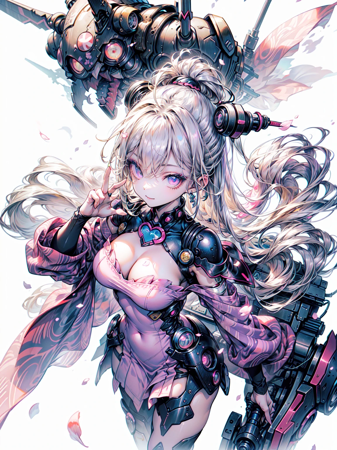 super high quality、8K quality、High resolution、Image quality captured with a single-lens reflex camera、(SFW)、Perfect Anatomy、(cherry blossoms🌸がテーマ）Oiranメカガール、Beautiful blonde 20 year old girl.Orange eyes、Cowboy Shot、(Good shape、Normal chest、Cleavage)、3d realistic black machine parts、（Shoulders and one leg are exposed:1.2）(Rear mechanical unit)、Blake、(Wear a bright pink outfit、Long hem、Oiran:1.2)(Mechanical parts below the elbows and knees:1.3)、Blake、（Perfect Anatomy:1.4）break(Cherry-blossom viewing、Raise one hand、avert your eyes:1.2)cherry blossoms々(渡月橋の周囲に舞うcherry blossomsの花びら:1.3)(Portrait Angle、Top View:1.3)、Machine Armor、Organic Armor Cyborg、Armor Texture、Blake、(Dark Elf), (1 Girl), alone, Perfect Face, Get used to it, Ahoge, ((Long Hair:1.2)), (Hair above one eye:1.3), [[Messy Hair]], Shiny blonde white hair, Purple eyes, Variegated eyes, Colorful Hair, Shining Eyes, (eyelash, eye shadow, pink eye shadow), bright, smile, Design Art：haruhiko mikimoto, by Kawashi, By Yoshitaka Amano, Dark Skin