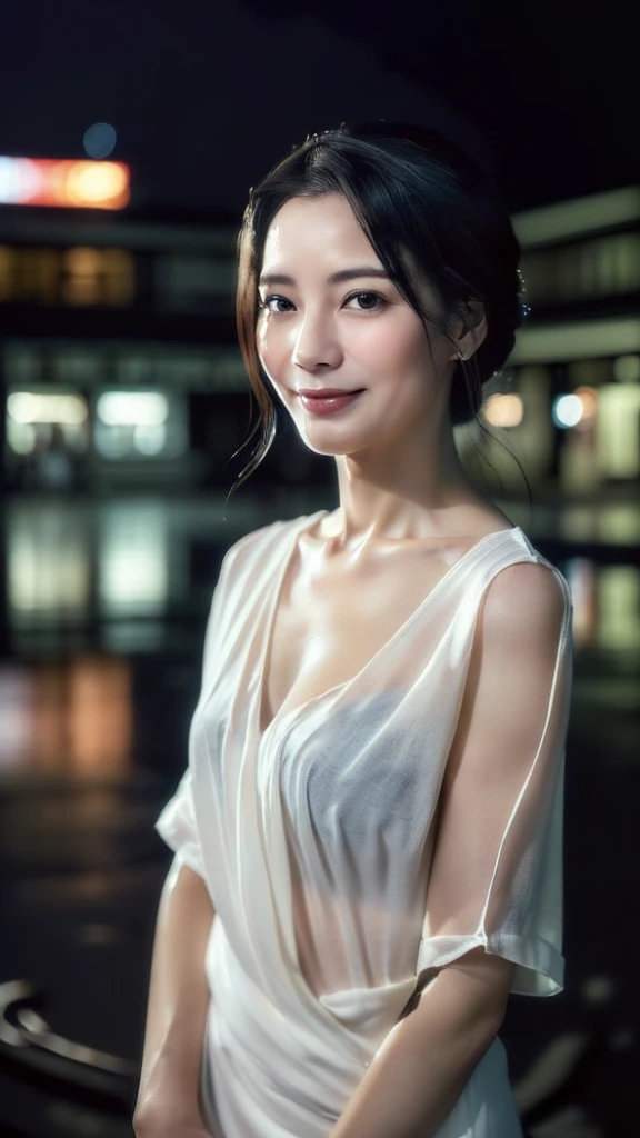 Random Pause, Mix 4, (8k, Original photo, Highest quality, masterpiece: 1.45), (Actual, Genuine: 1.37), Skinny Japanese woman, One girl, charm, City view, night, rain, Wet, Professional Lighting, Photon Mapping, Radio City, Physically Based Rendering, Gradient black hair, Short Curly Hair, good looking, girl, T-Shirts, High resolution, 1080P, (Clear Face), (Detailed facial depiction), (Detailed description of the hand), (Exquisite CGI), Extreme light and shadow, Messy Hair, Lots of details, (Exquisite facial features), (Highest quality photos), (Beautiful Eyes), Look in front of you, Thin clavicle,