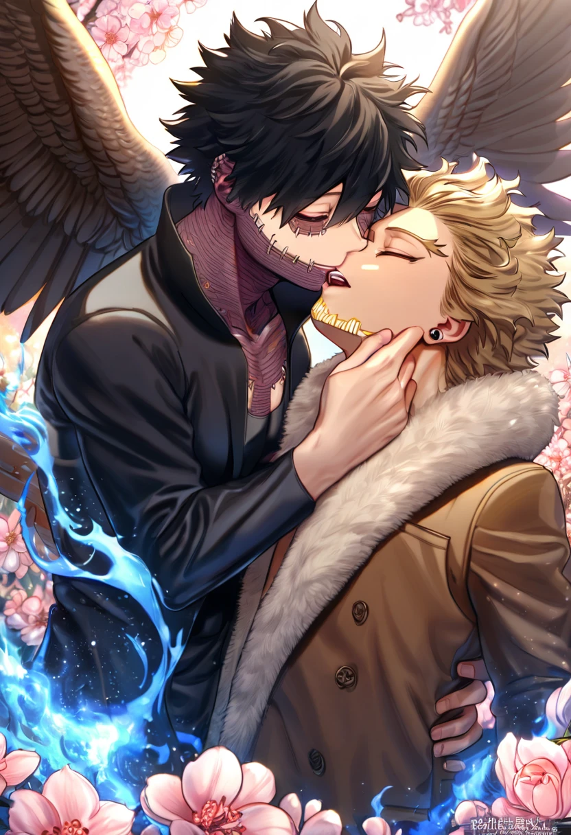 absurdres, highres, ultra detailed, HDR, master piece, best quality, extremely detailed face, delicated features, Hawks, ash blond hair, closed eyes, Boku No Hero Academia, Dabi, black hair, closed eyes, two sexy men kissing, yaoi, gay couple, handsome, brown jacket with fur, black tight shirt, black coat, fantasy, radiant, starry, blue fire, blossoms, pink flowers