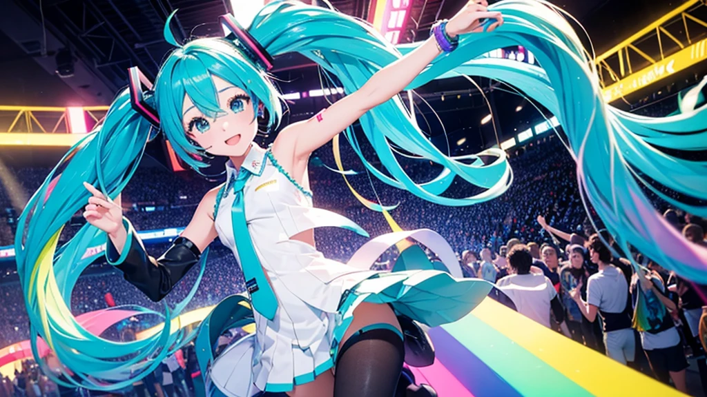 This painting depicts an active and colorful dance party scene featuring Hatsune Miku.。Colorful neon lights are shining all around.。