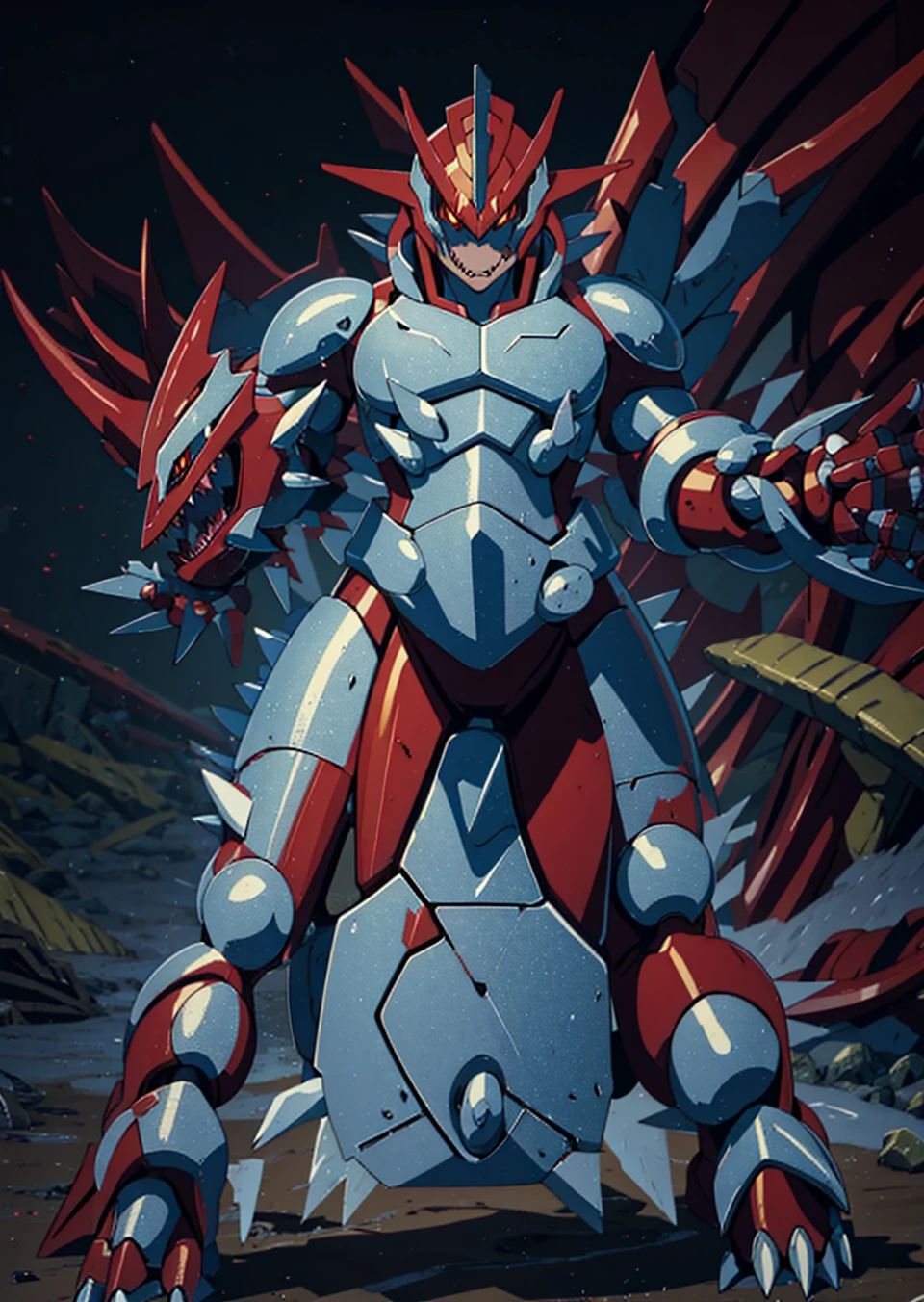 Primal Groudon (pokemon) humanoid Red armor with gaps and yellow energy Symmetry Humanoid body Hero 